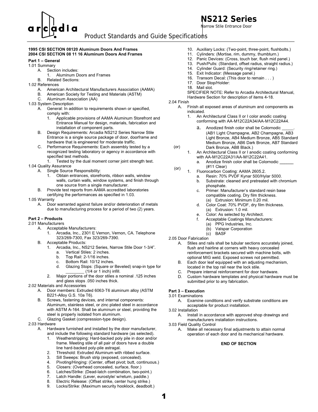 1995 CSI SECTION 08120 Aluminum Doors and Frames