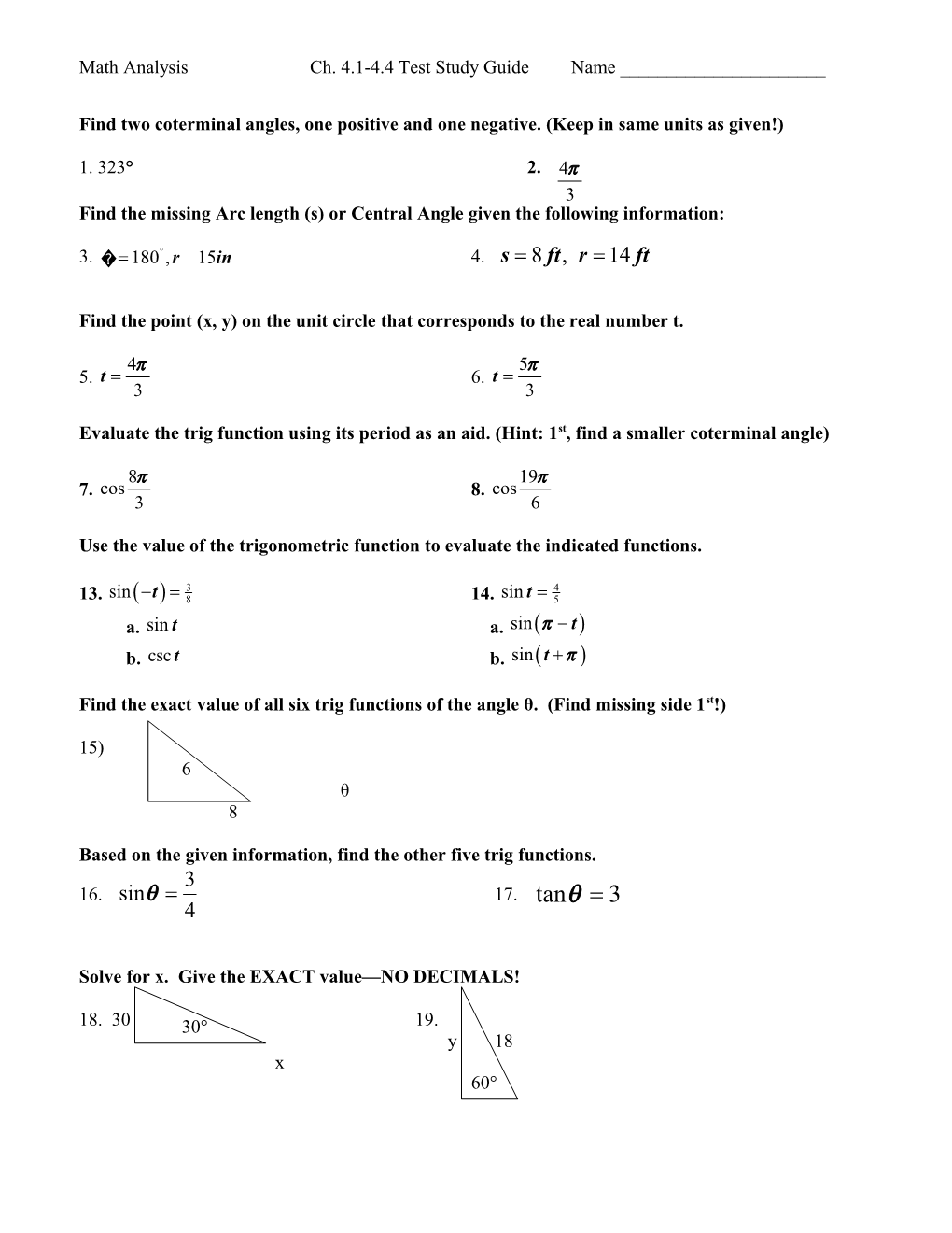 Math Analysis Ch. 4.1-4.4 Test Study Guide Name ______