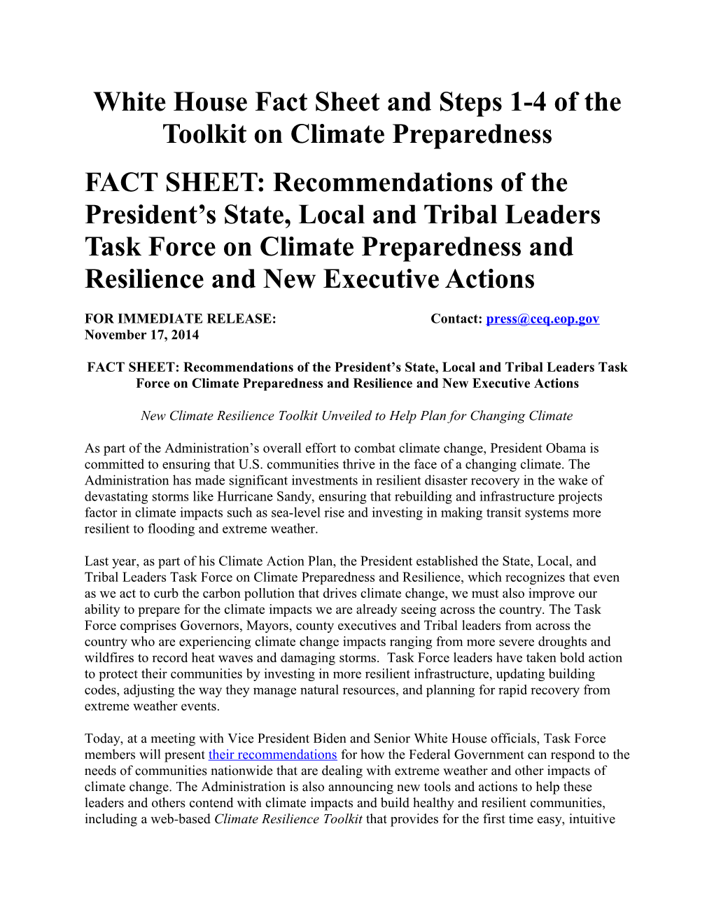White House Fact Sheet and Steps 1-4 of the Toolkit on Climate Preparedness