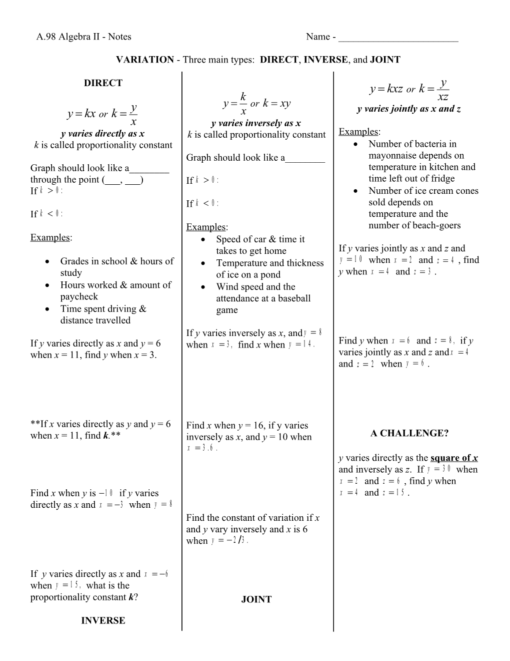 Algebra II Notes