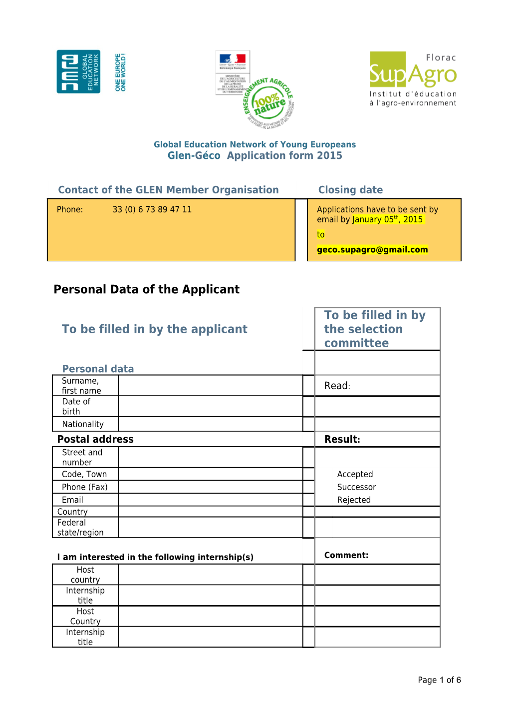 Application File - Personal Data of the Applicant