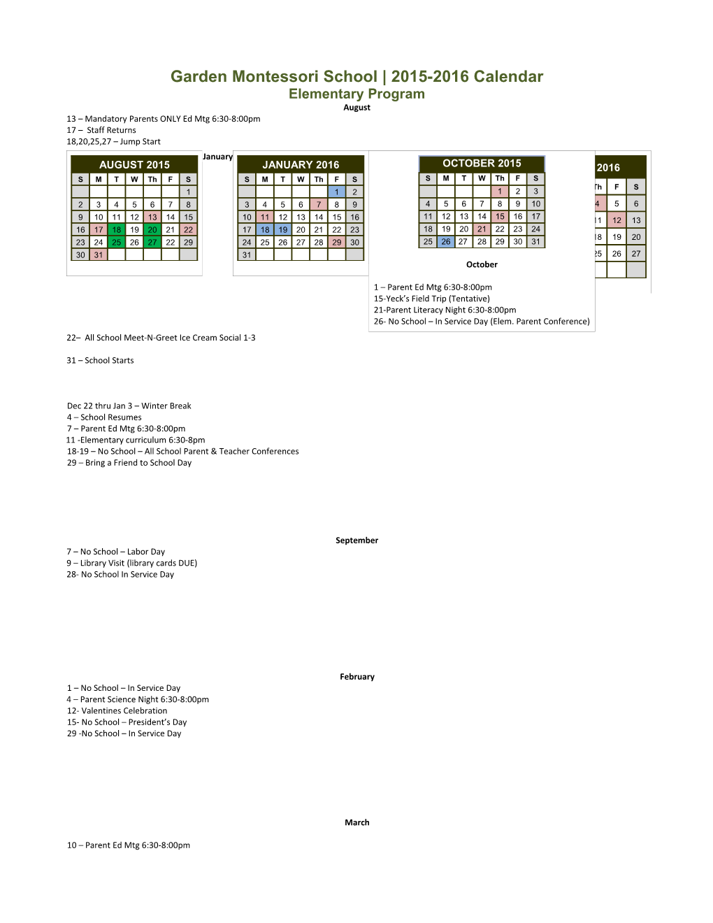 Garden Montessori School 2015-2016 Calendar