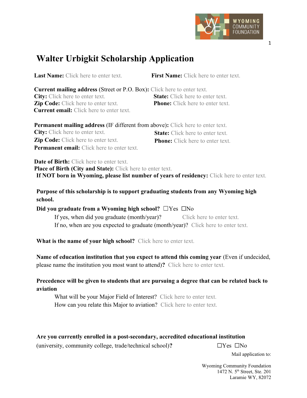 Walter Urbigkit Scholarship Application