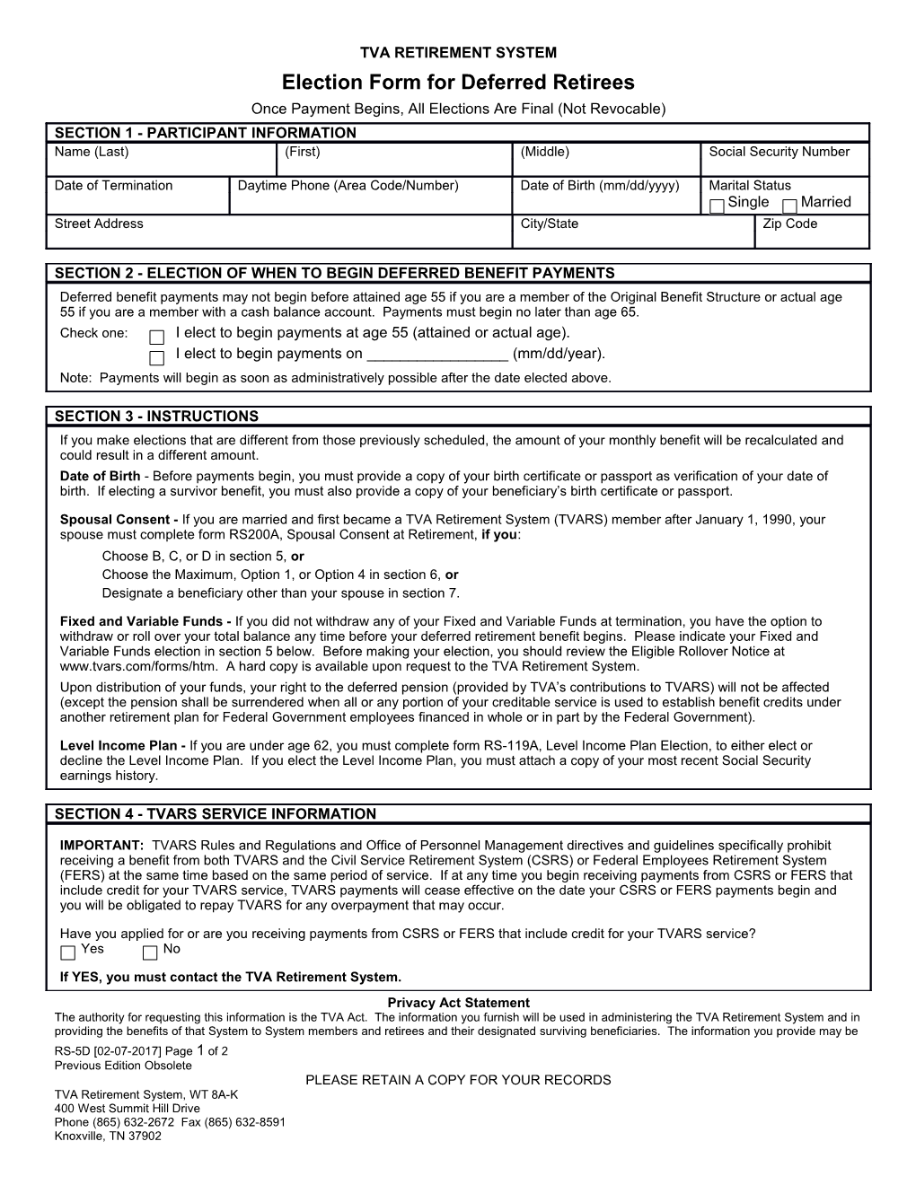 Annuity Election Form for Non-Vested Members