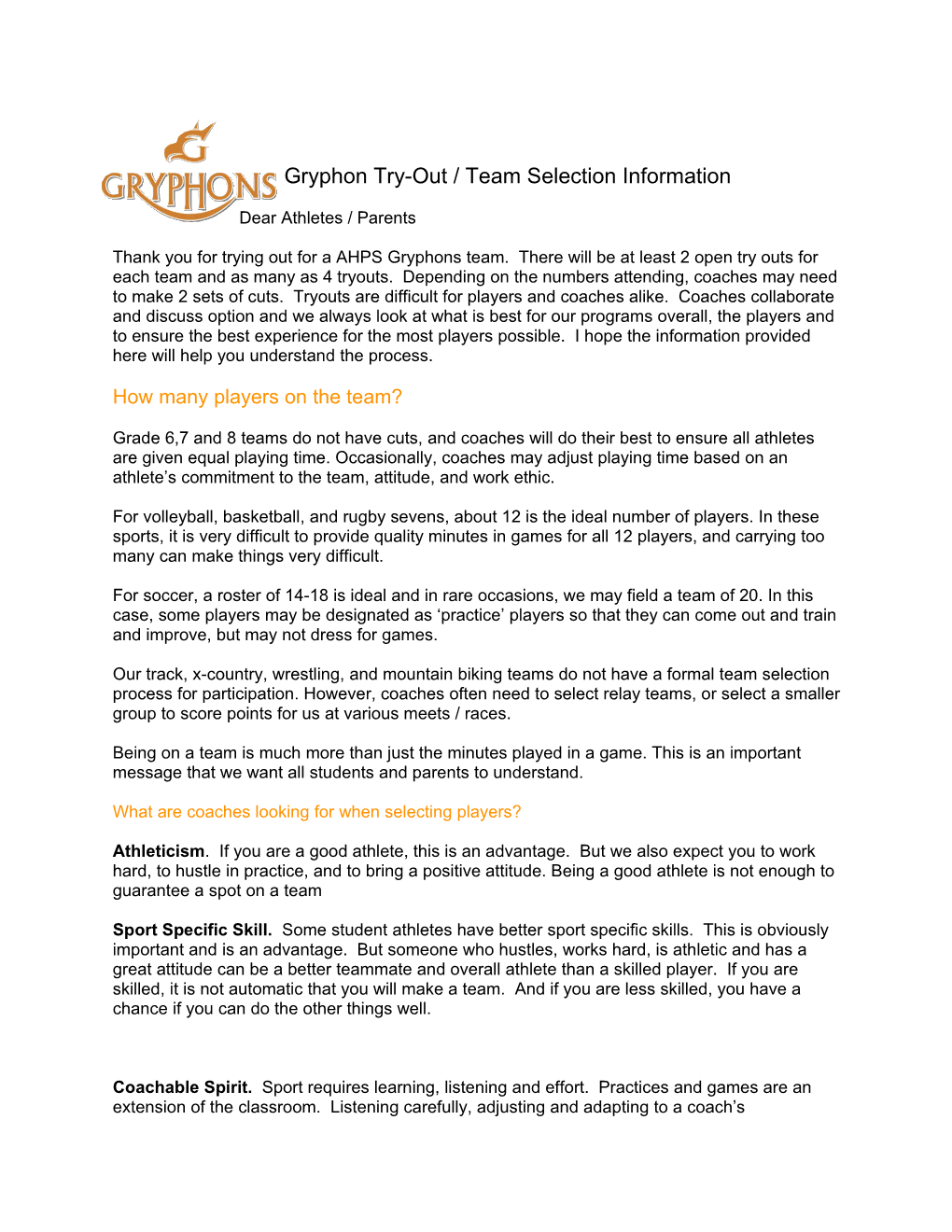 Gryphon Try-Out / Team Selection Information