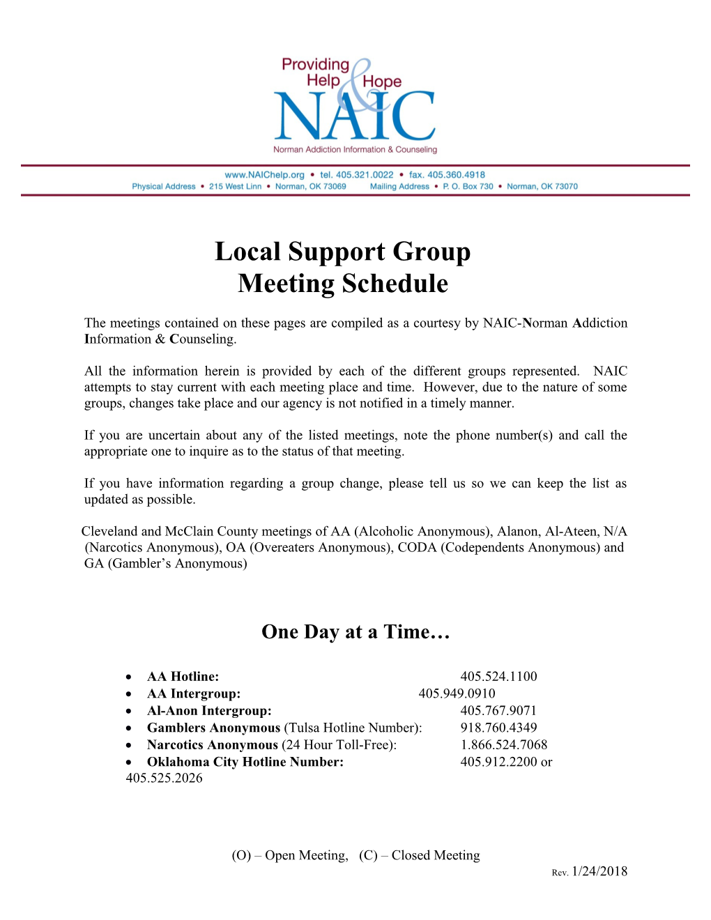 Local Support Group Meeting Schedule the Meetings Contained on These Pages Are Compiled