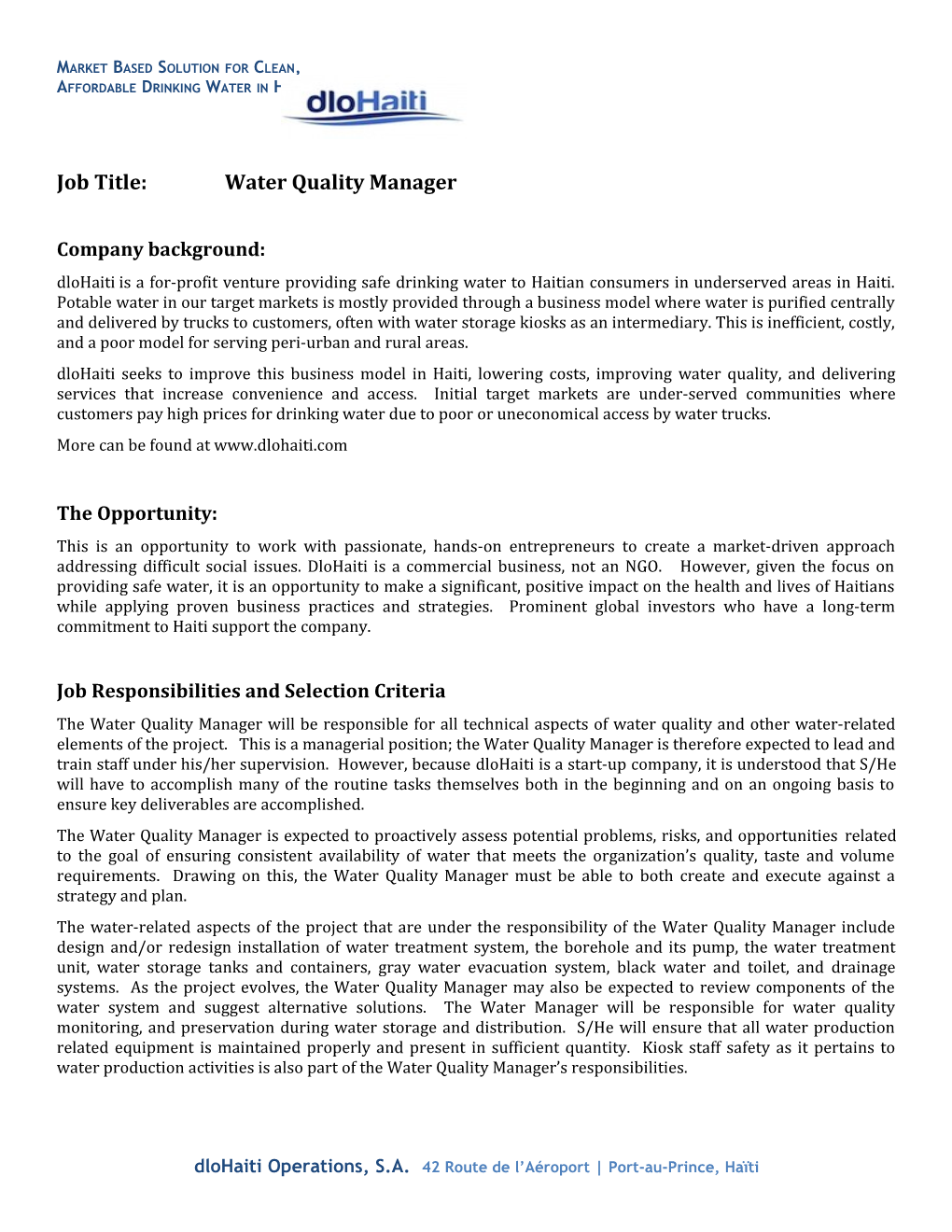 Job Title: Water Quality Manager