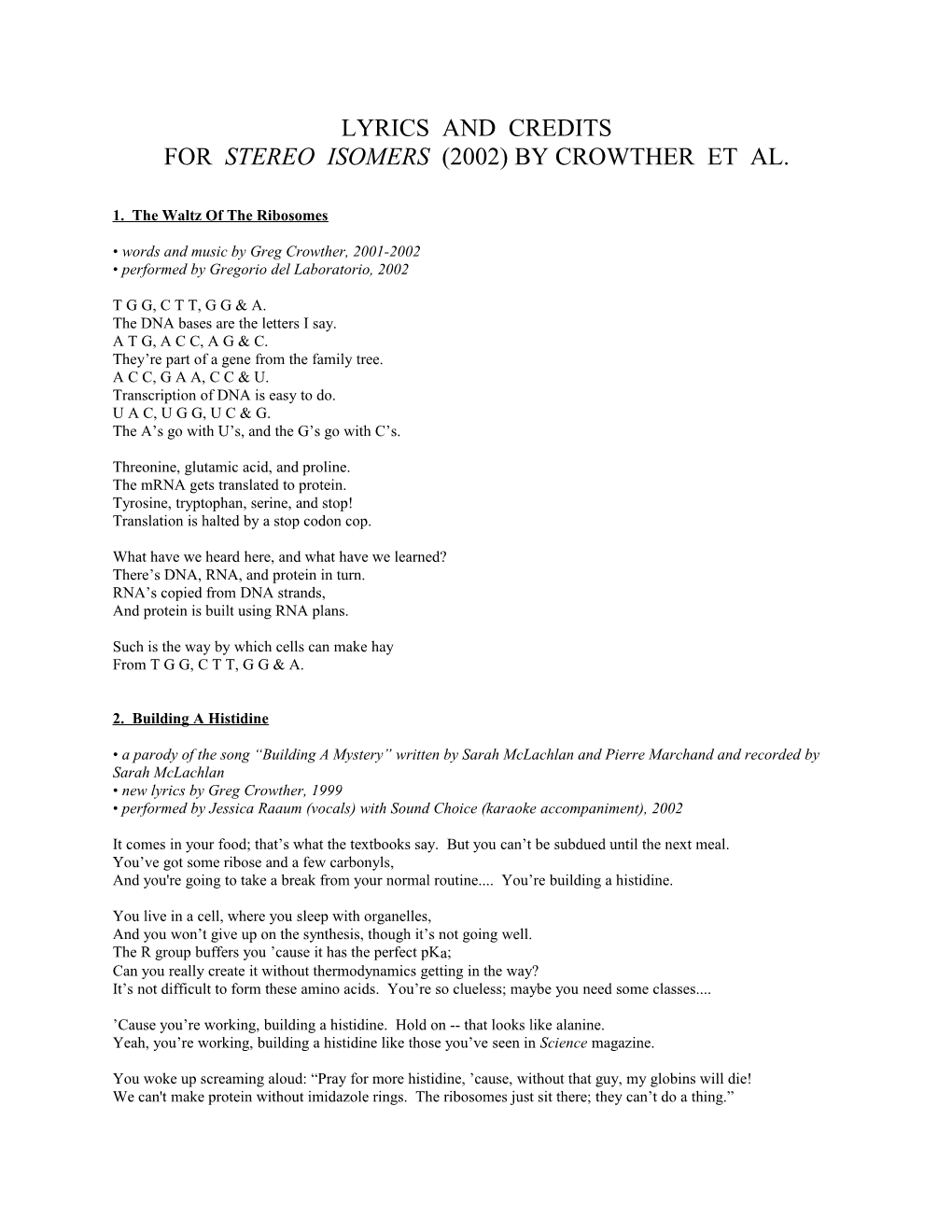 Lyrics and Credits for the Album Stereo Isomers (2002) by Crowther Et Al