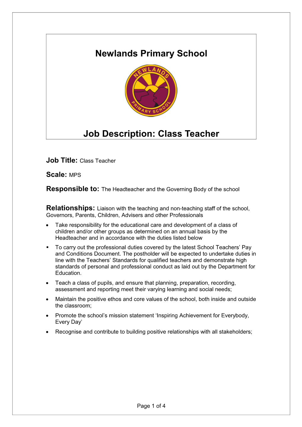 Job Specification for a Class Teacher