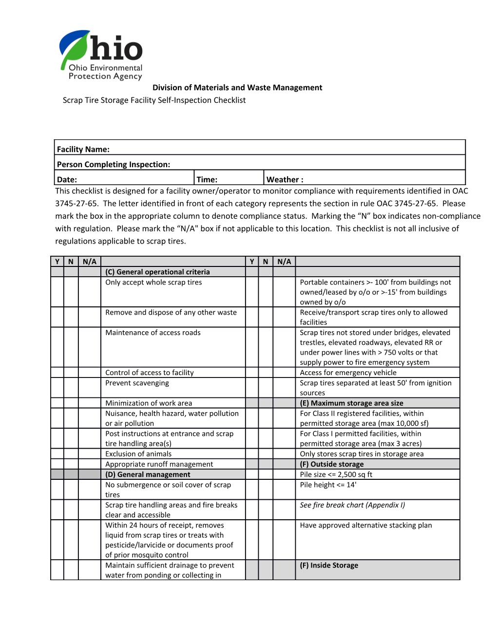 This Checklist Is Designed for a Facility Owner/Operator to Monitor Compliance with Requirements