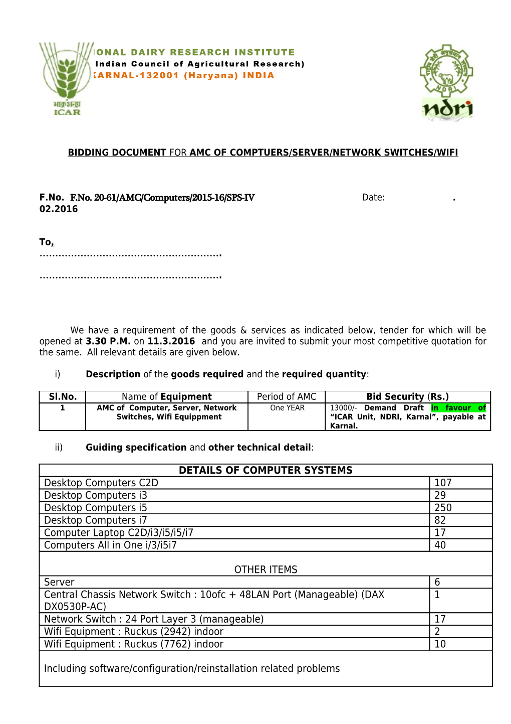 Bidding Document for Amc of Comptuers/Server/Network Switches/Wifi