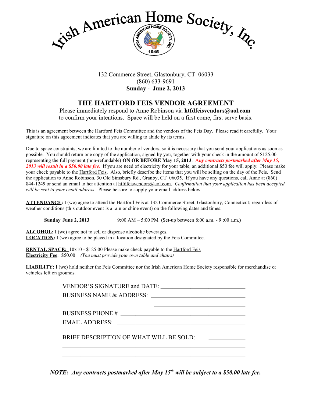 The Hartford Feis Vendor Agreement