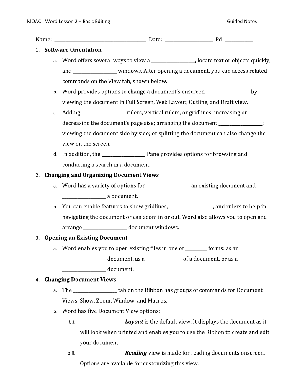 MOAC - Word Lesson 2 Basic Editing Guided Notes