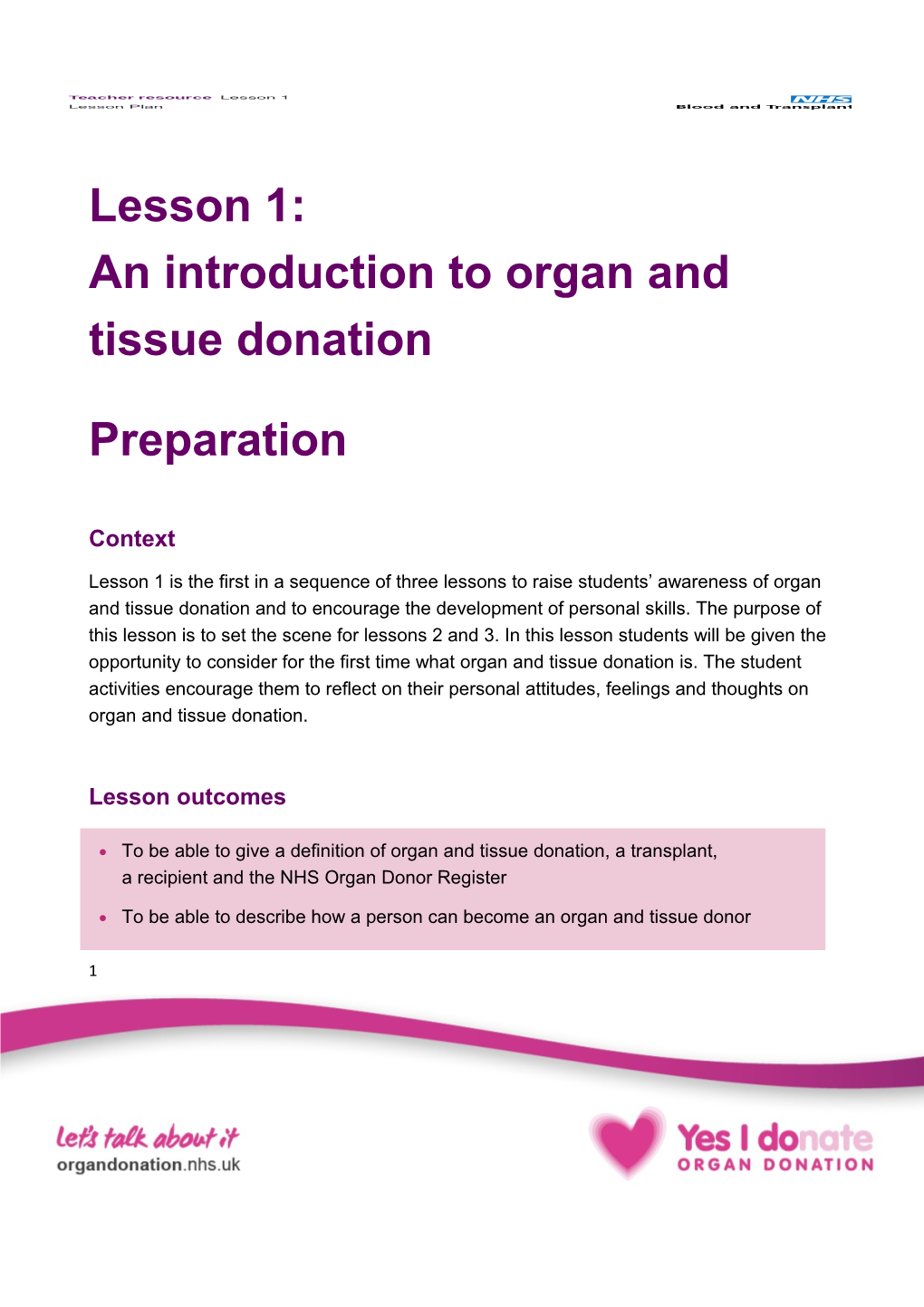 Lesson 1: an Introduction to Organ and Tissue Donation