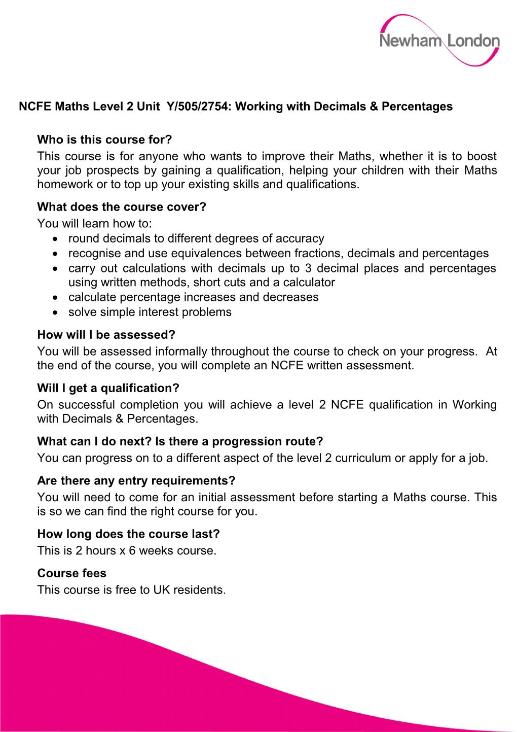 Newham Adult Learning Service - Course Information Sheet s2