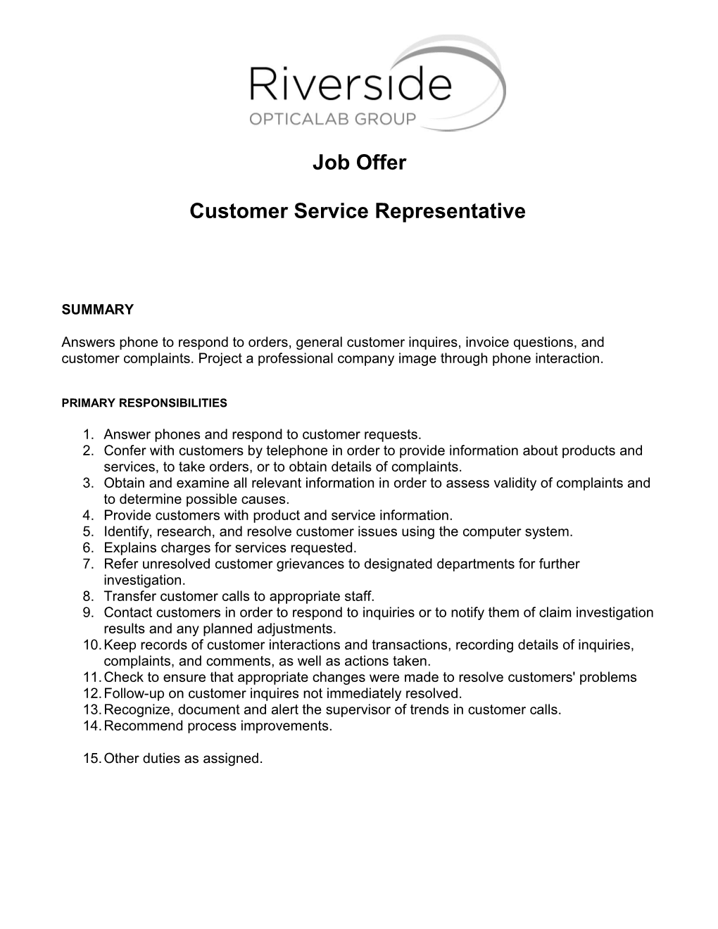 Call Center Customer Service Representative