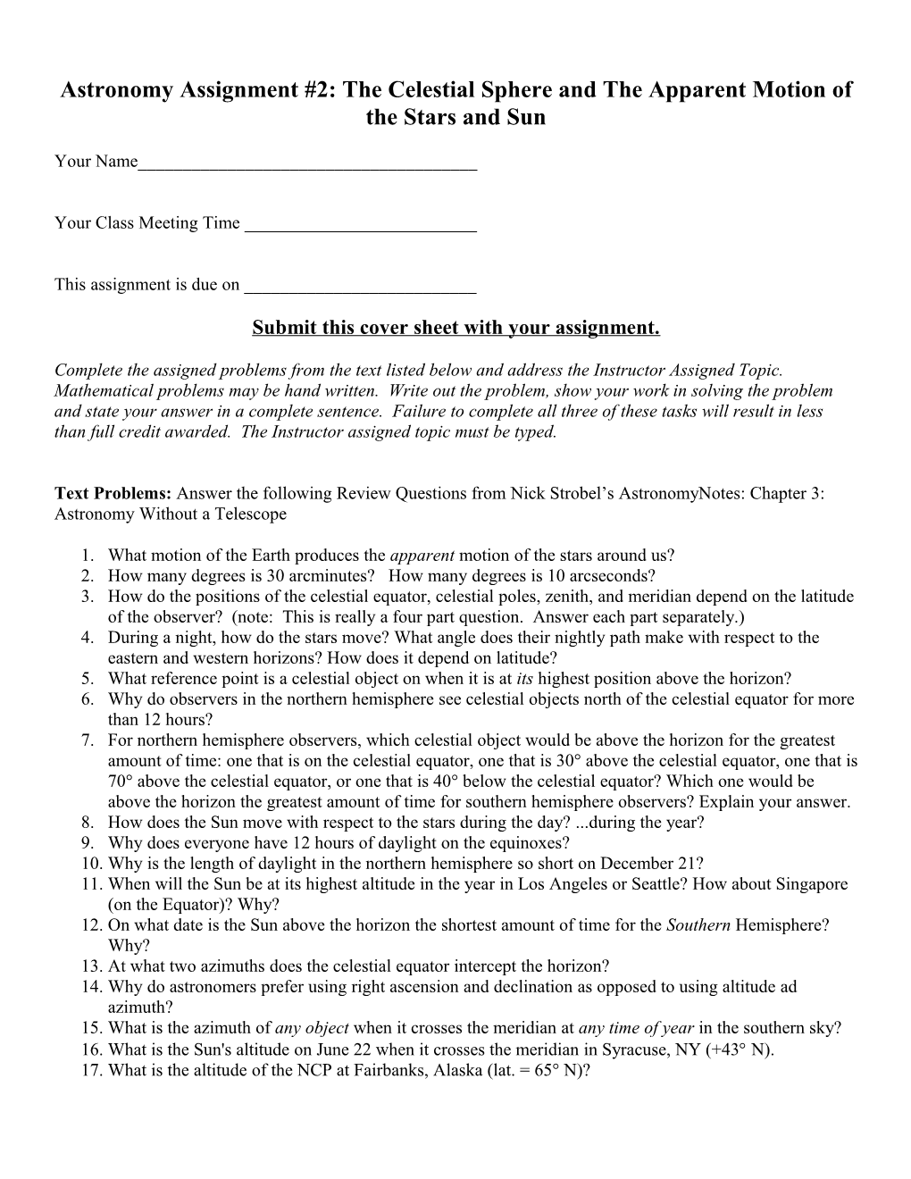 Astronomy Assignment #2: the Celestial Sphere and the Apparent Motion of the Stars and Sun