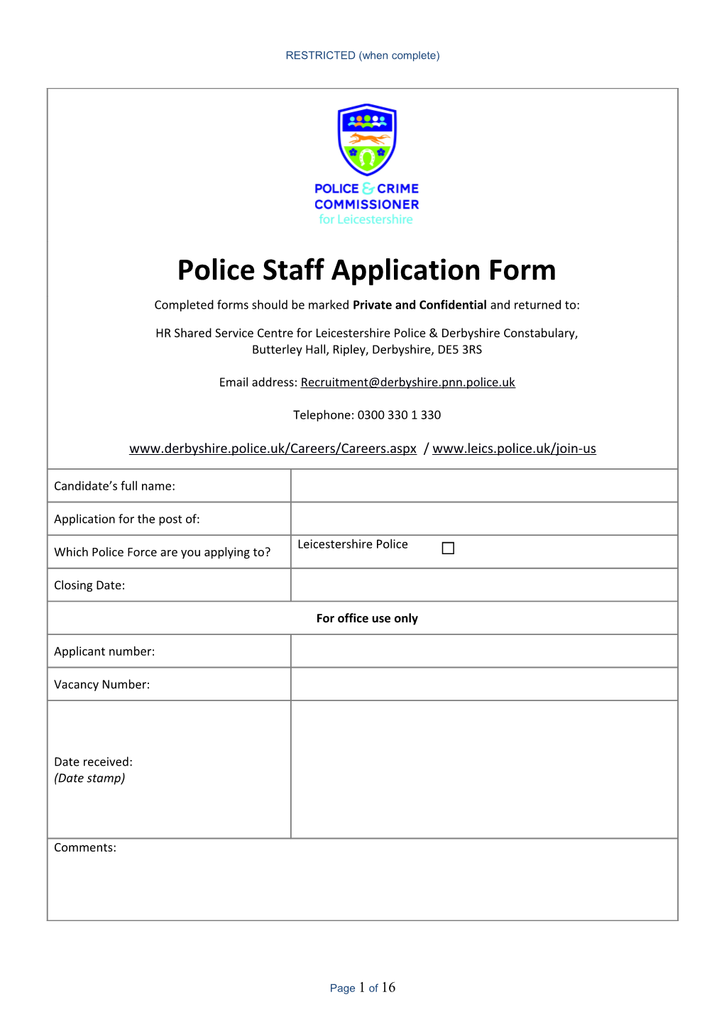 OPCC Police Staff Application Form - Leics