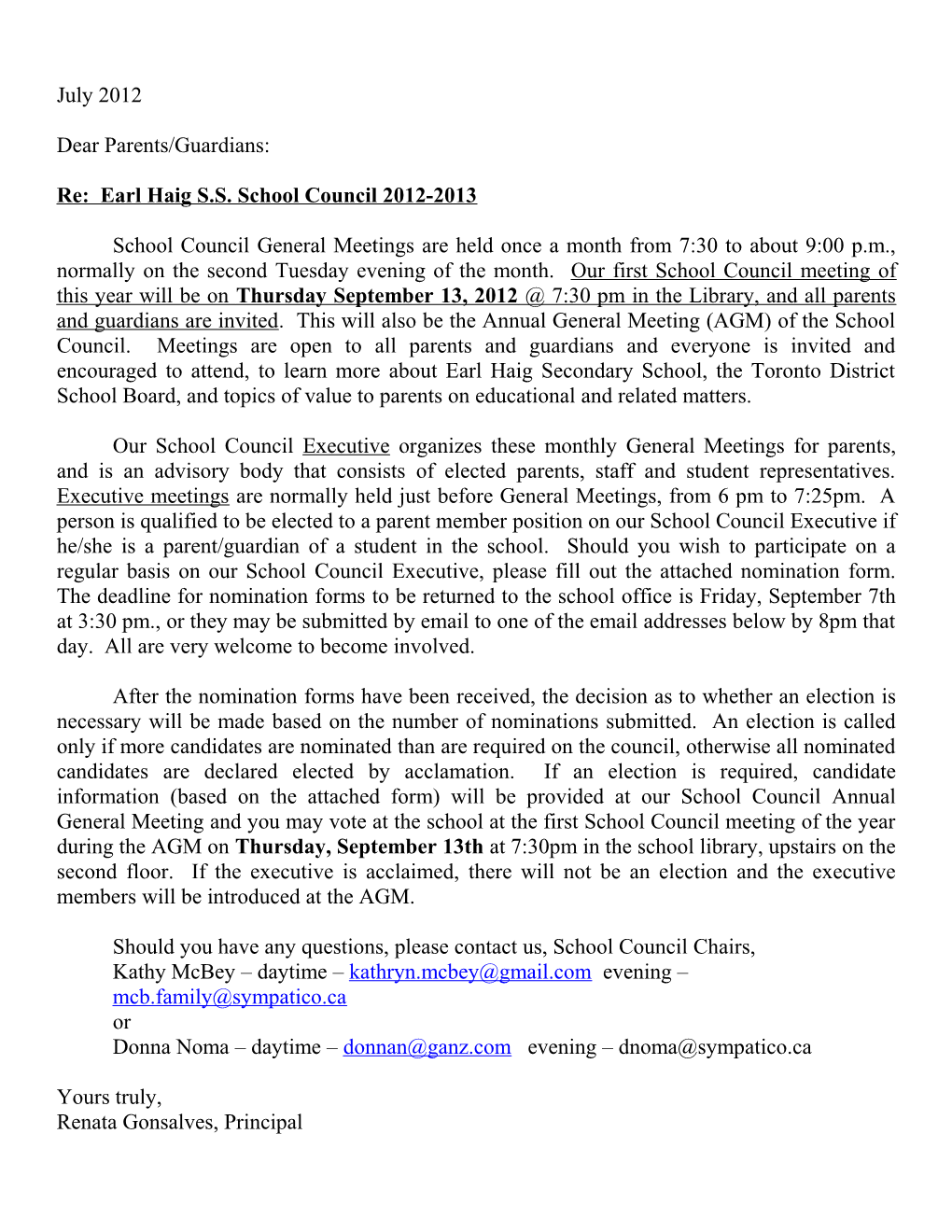 Re: Earl Haig S.S. School Council 2012-2013