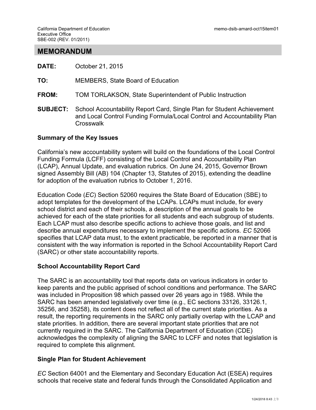 October 2015 Memo DSIB AMARD Item 01 - Information Memorandum (CA State Board of Education)