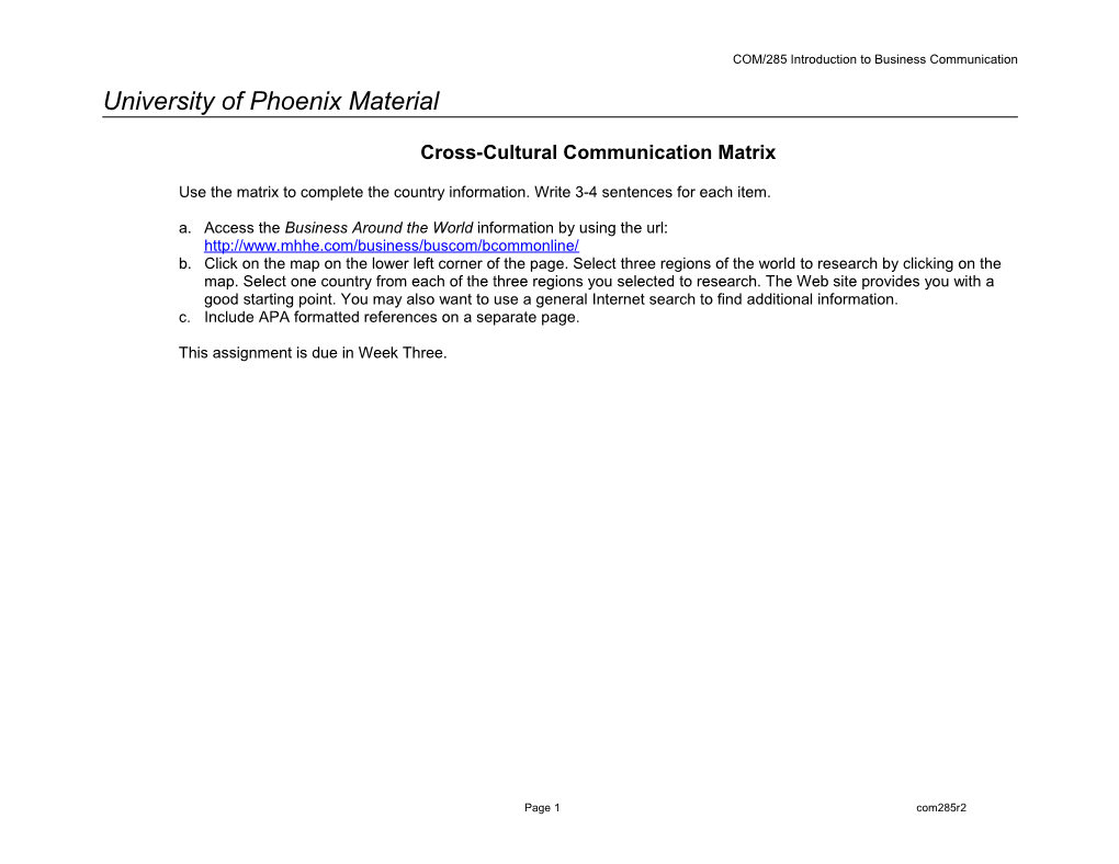 COM/285 Introduction to Business Communication