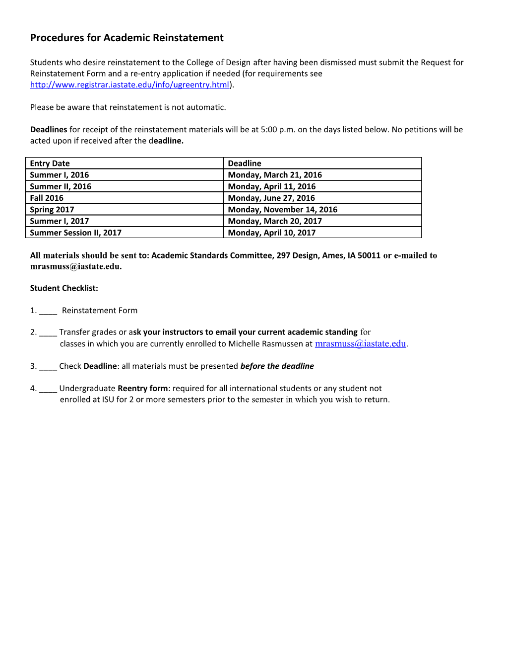 Procedures for Academic Reinstatement