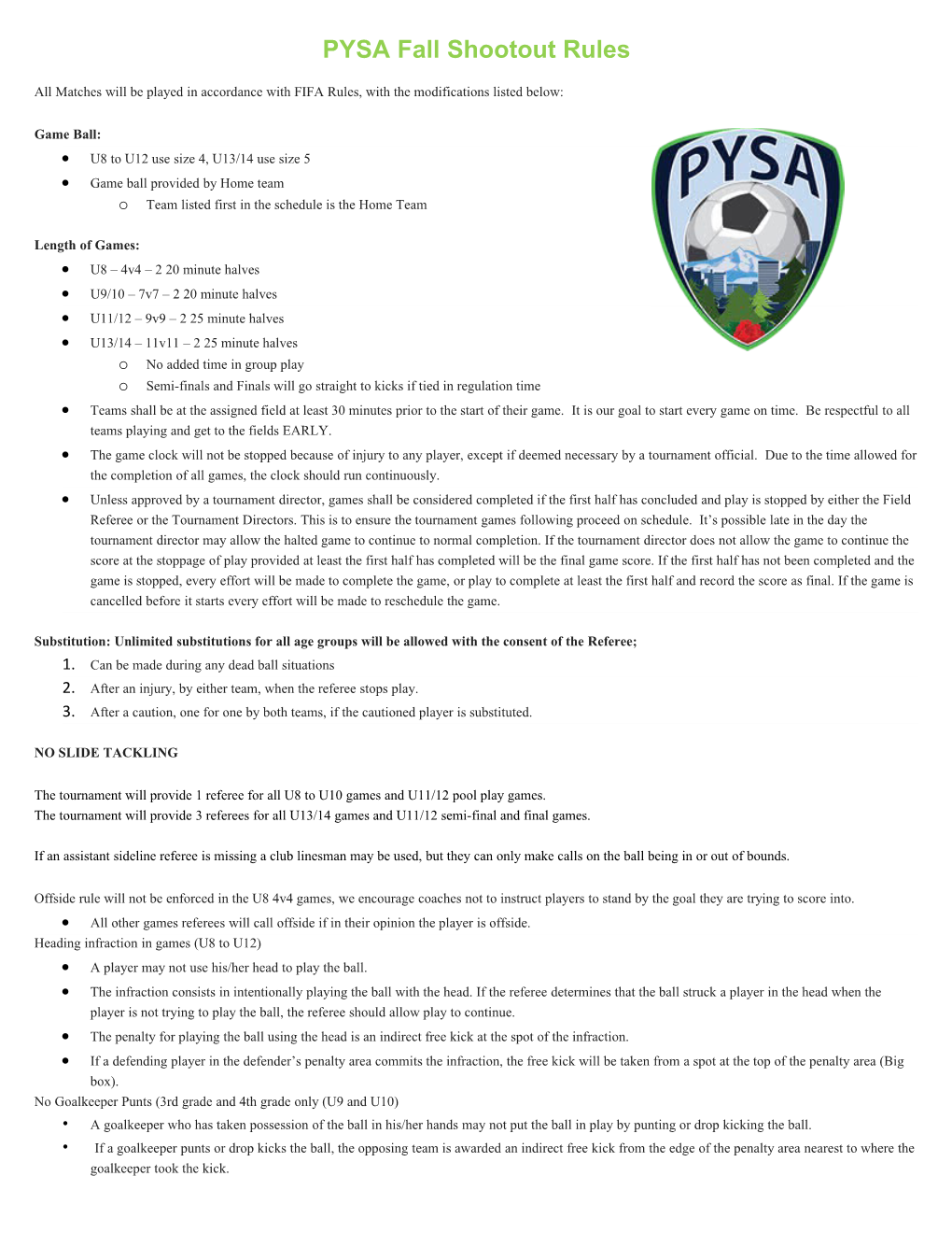 PYSA Fall Shootout Rules