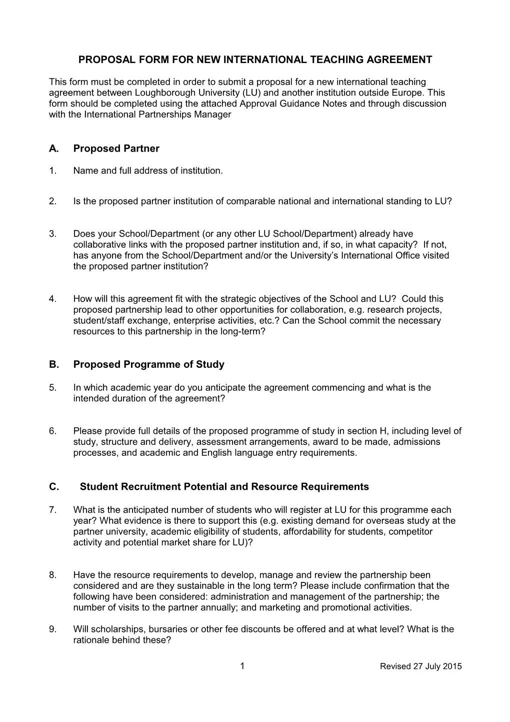 Proposal FORM for New International TEACHING Agreement