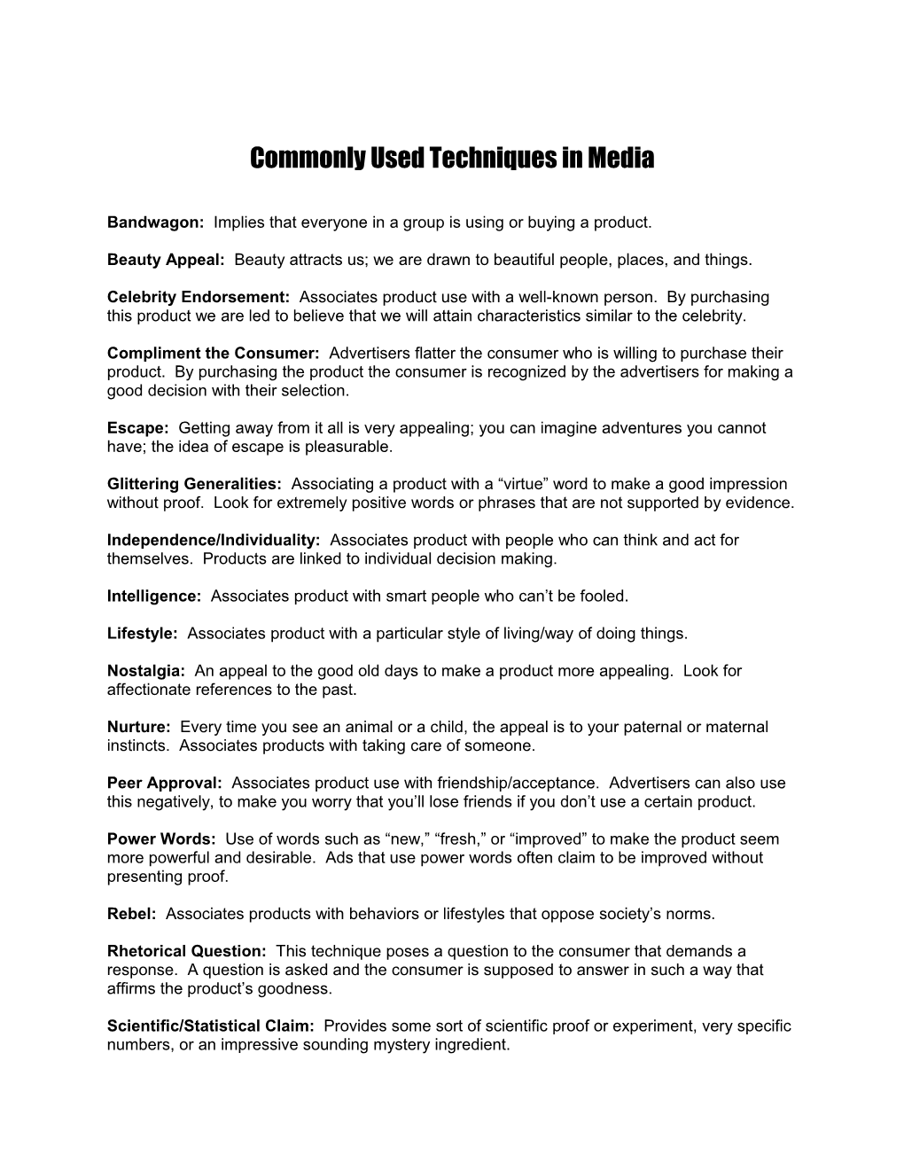 Glossary of Commonly Used Techniques