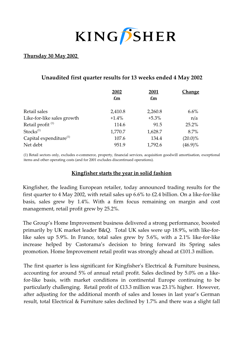 Unaudited First Quarter Results for 13 Weeks Ended 4 May 2002