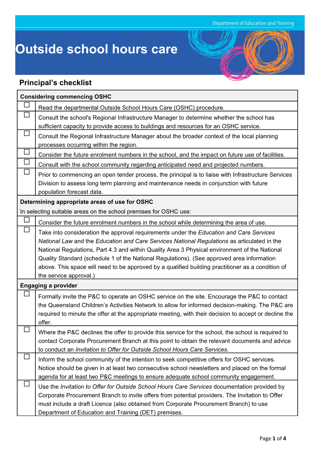 Outside School Hours Care - Principal's Checklist