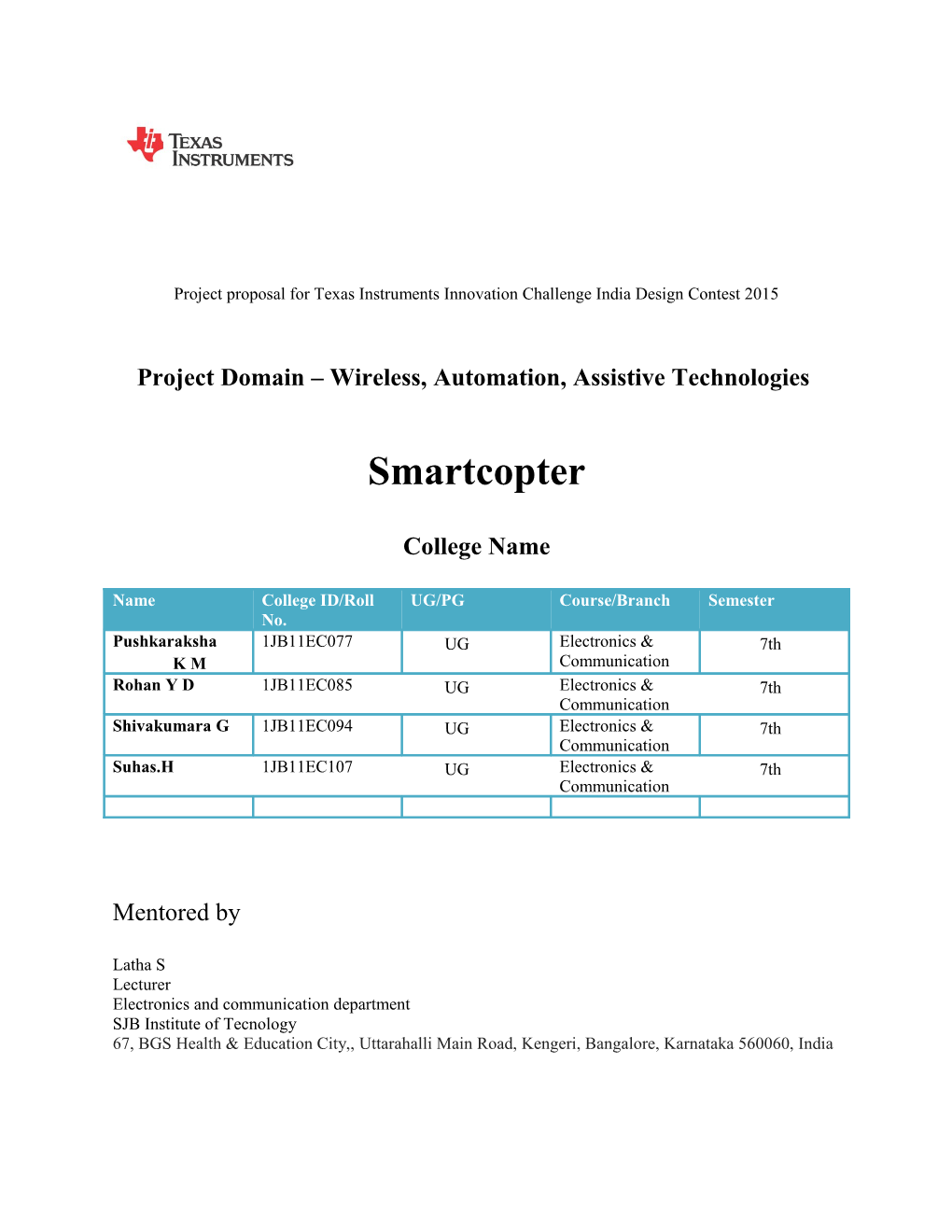 Project Proposal for Texas Instruments Innovation Challenge India Design Contest 2015