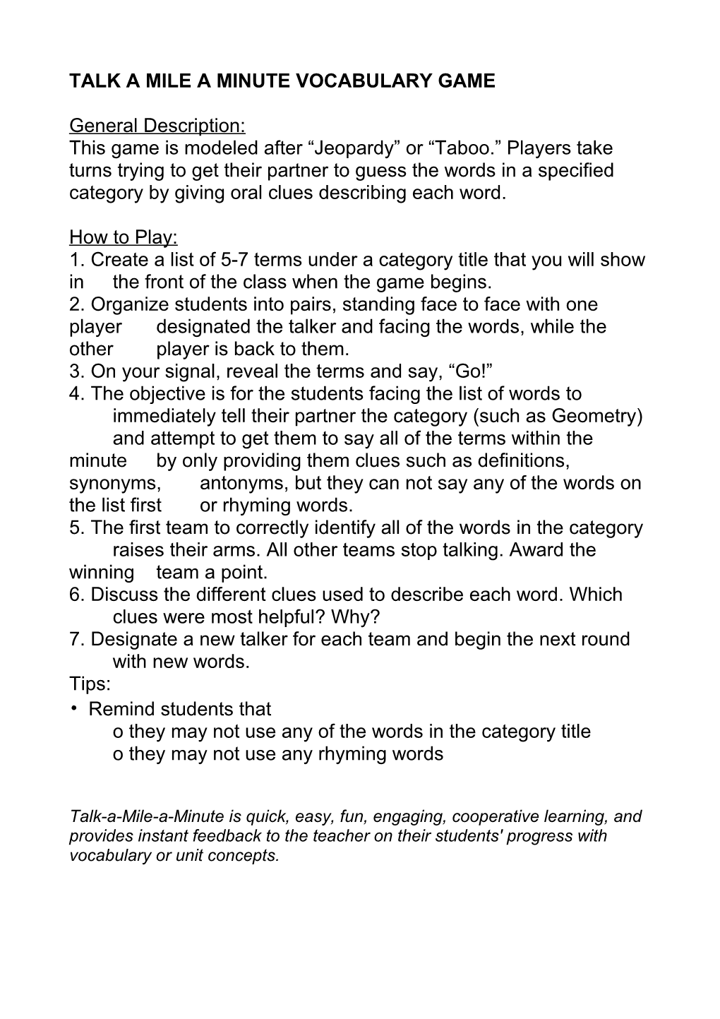 Talk a Mile a Minute Vocabulary Game