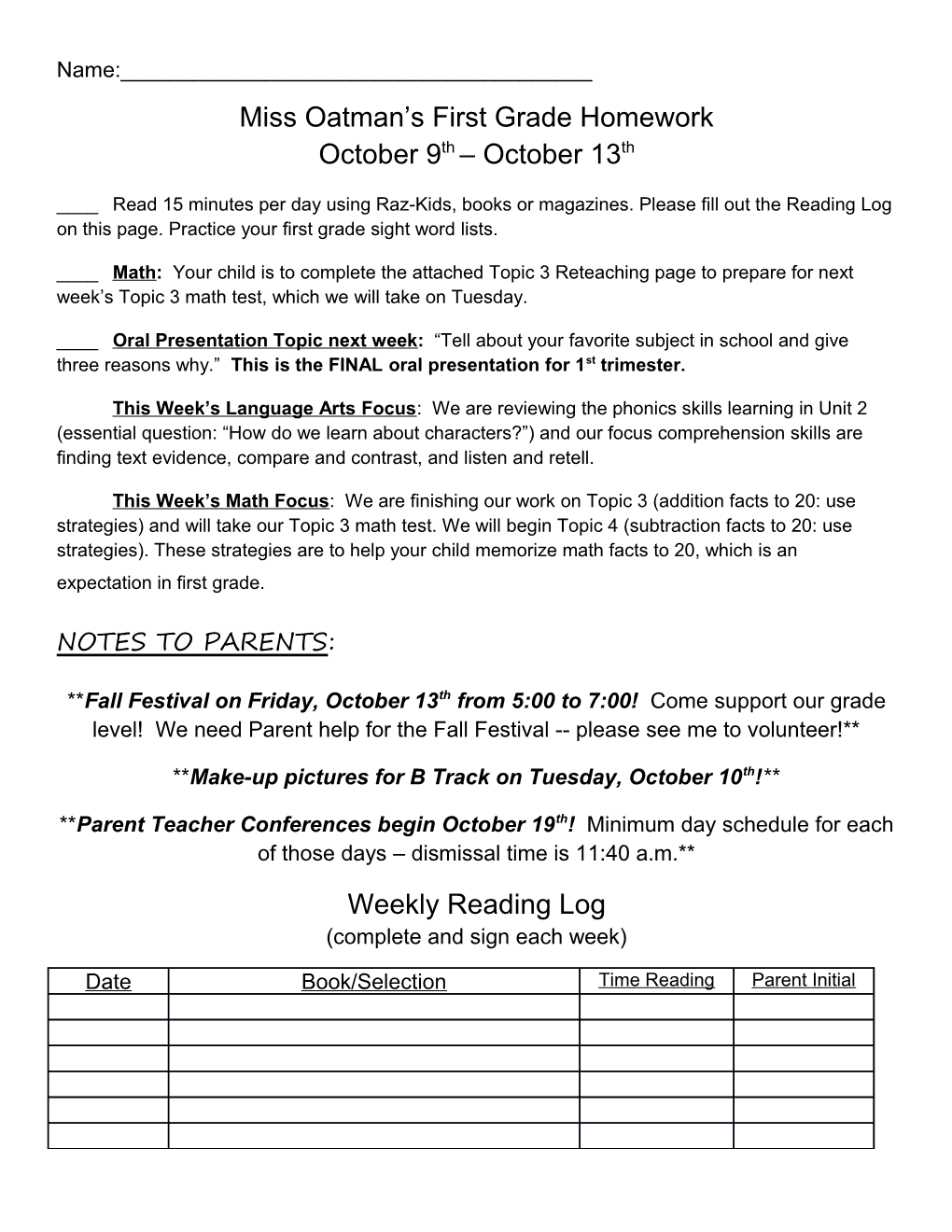 Miss Oatman S First Grade Homework October 9Th October 13Th