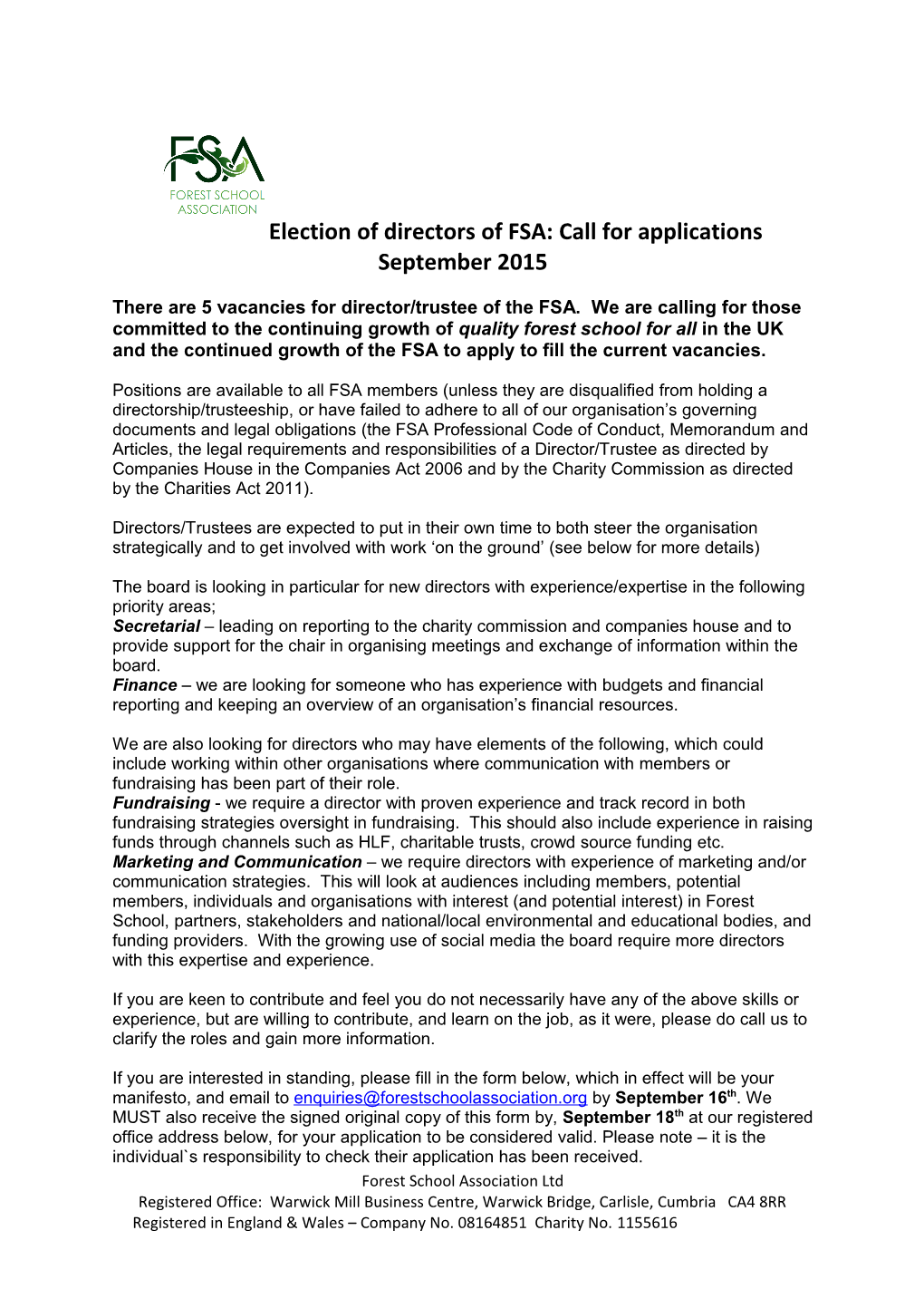 Election of Directors of FSA:Call for Applications September 2015