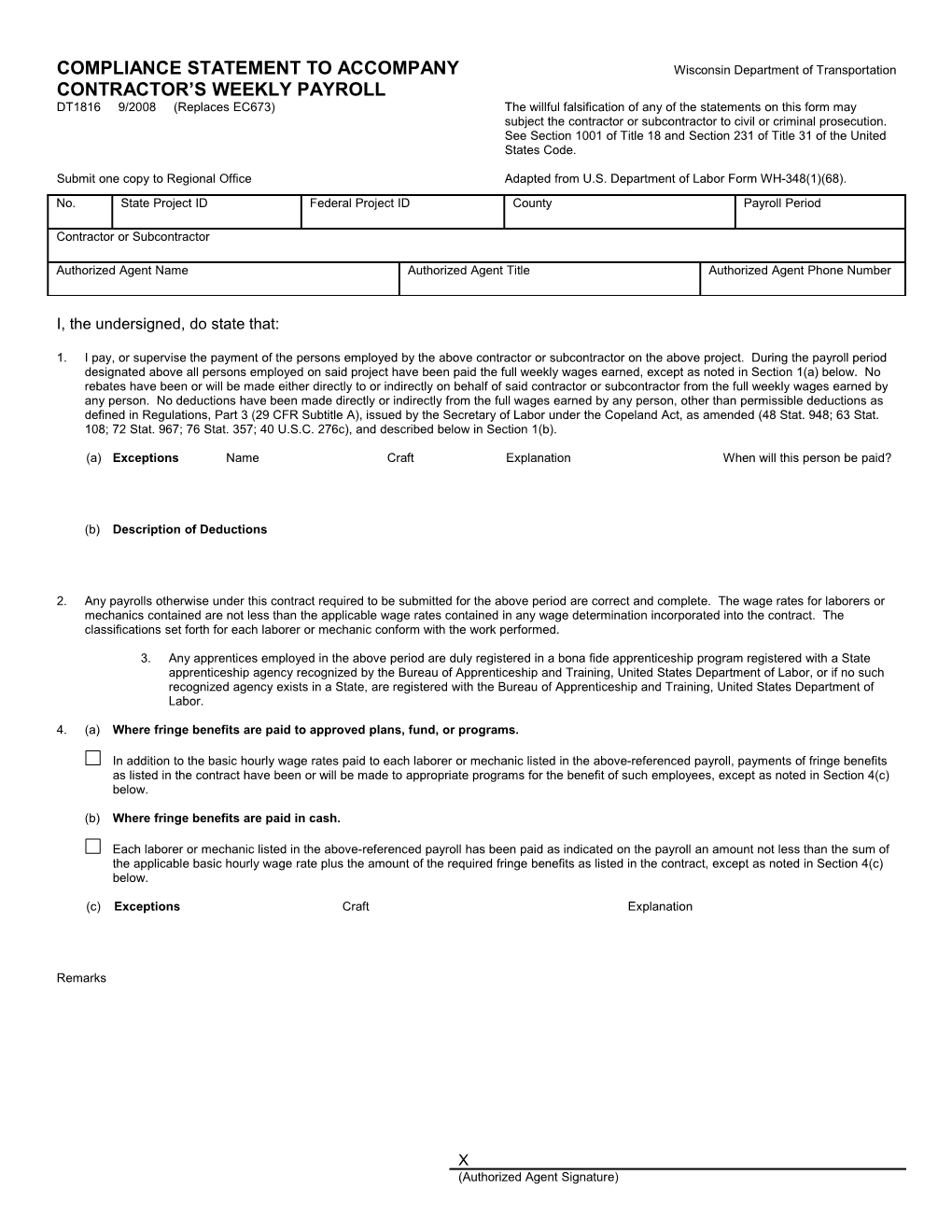 DT1816 Compliance Statement to Accompany Contractor's Weekly Payroll Statement