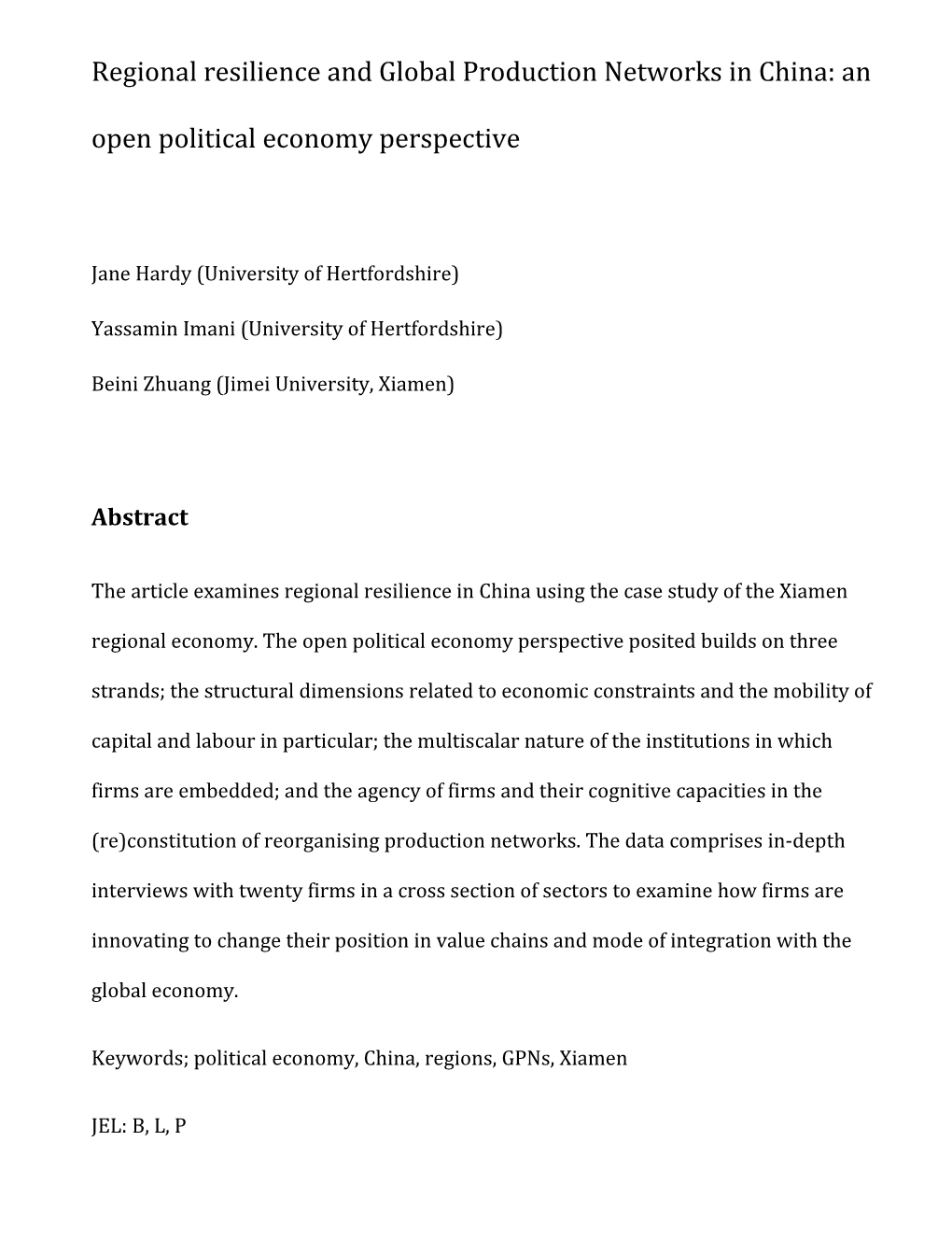 Regional Resilience and Global Production Networks in China: an Open Political Economy