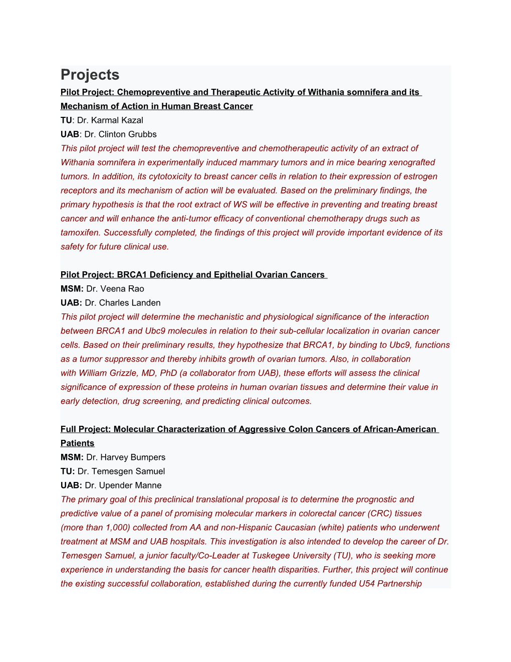 Pilot Project: Chemopreventive and Therapeutic Activity of Withania Somnifera and Its