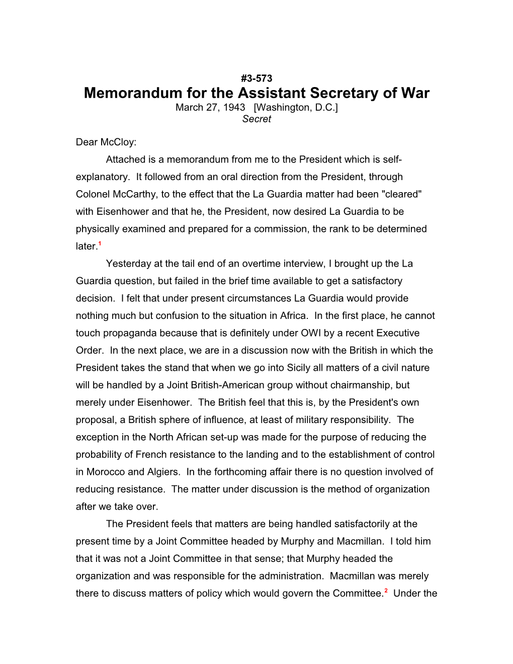 Memorandum for the Assistant Secretary of War