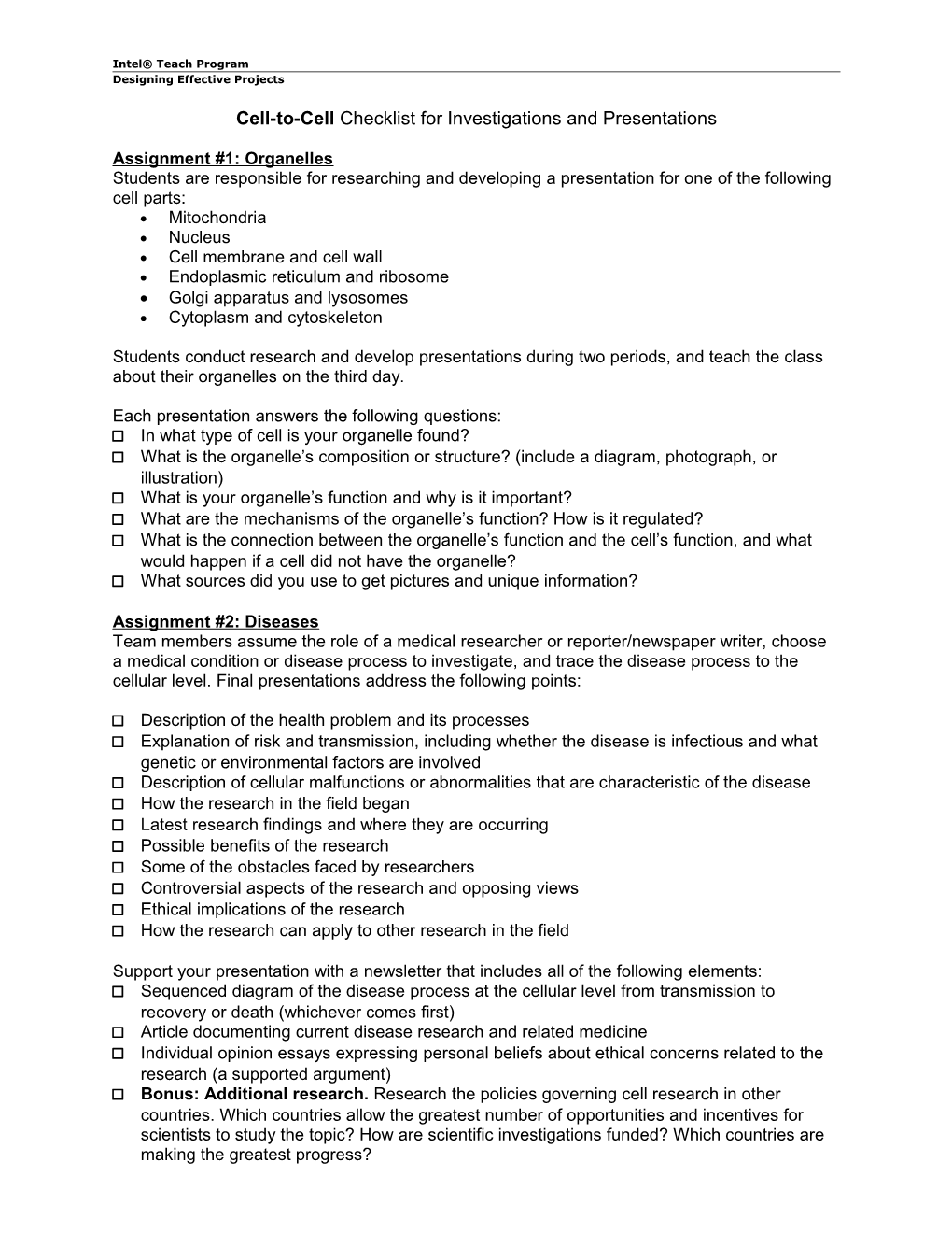 Cell-To-Cell Check Sheet for Investigations and Presentations