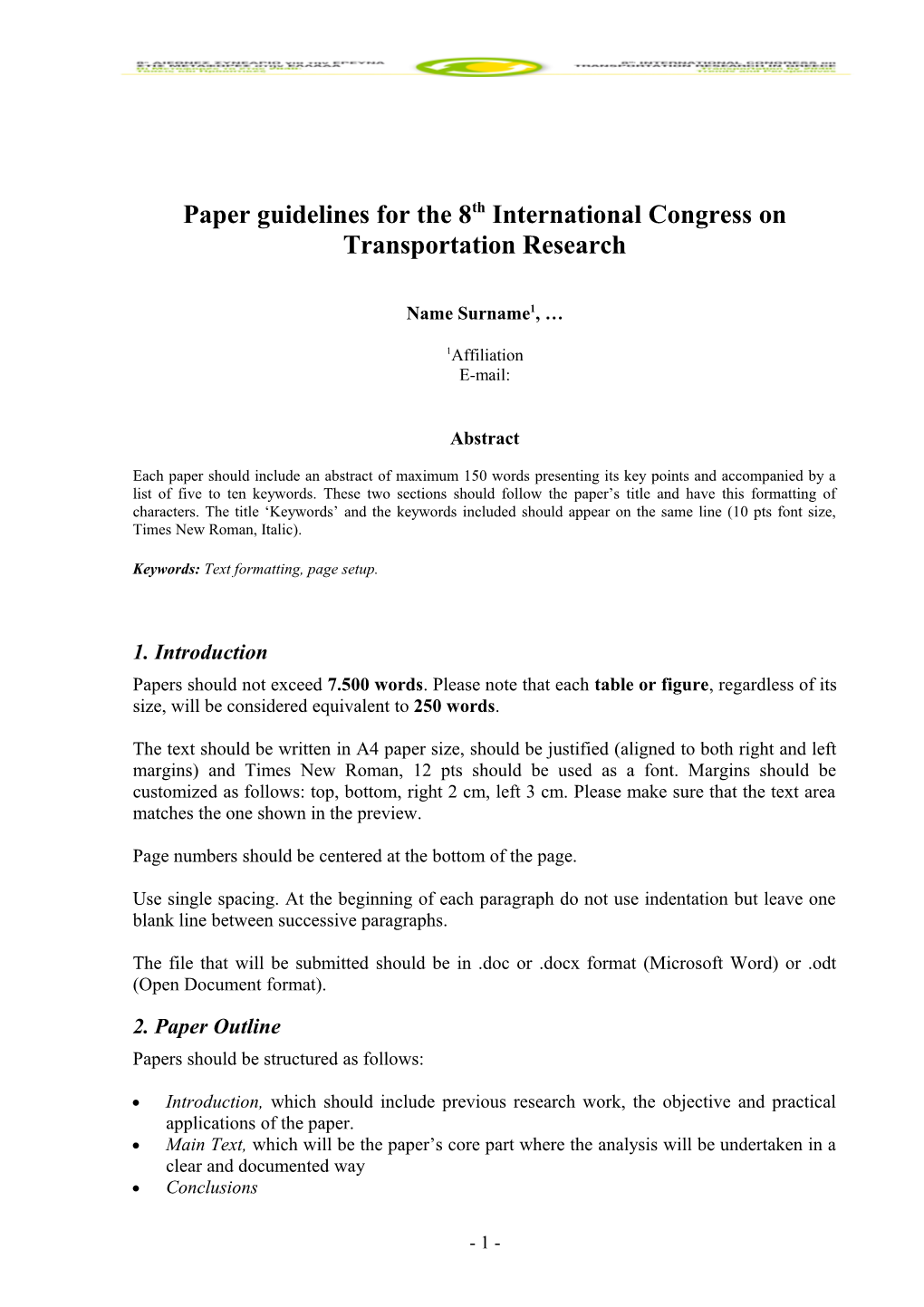 Paper Guidelines for the 8Th International Congress on Transportation Research