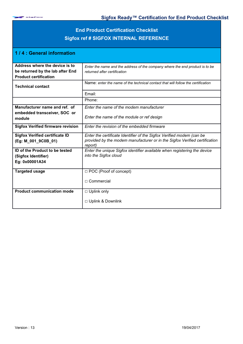 Sigfox Ready Certification for End Productchecklist