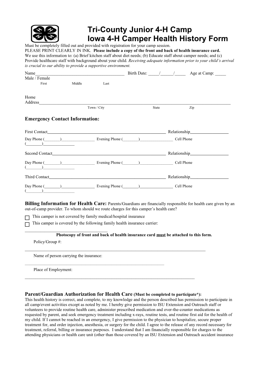Iowa 4-H Camper Health History Form
