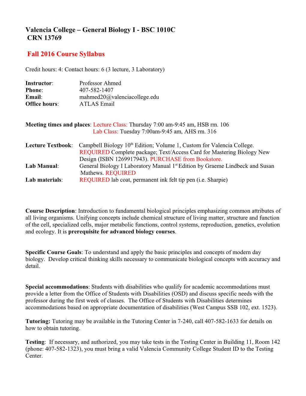 Microbiology (MCB 2010C) Laboratory Schedule