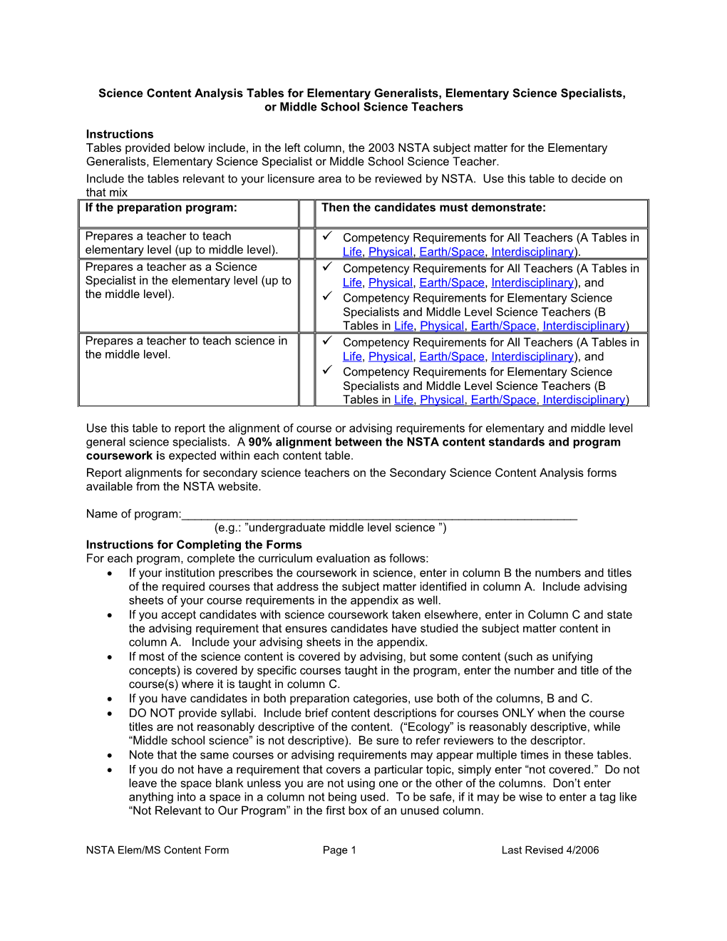 Science Content Analysis Tables for Elementary/Middle School Specialists and General Science