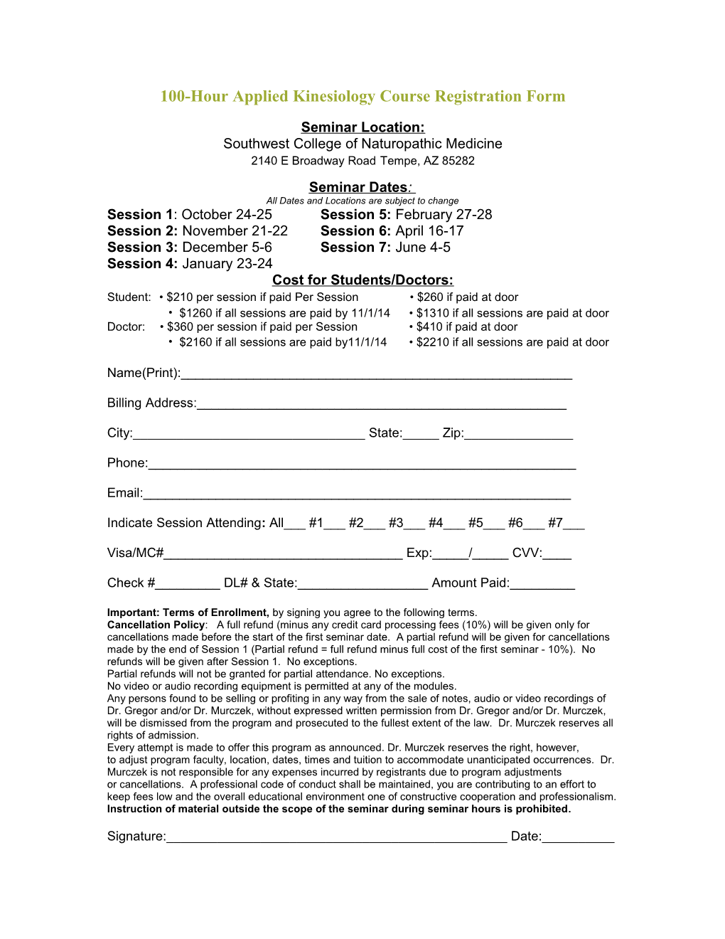 100-Hour Applied Kinesiology Course Registration Form