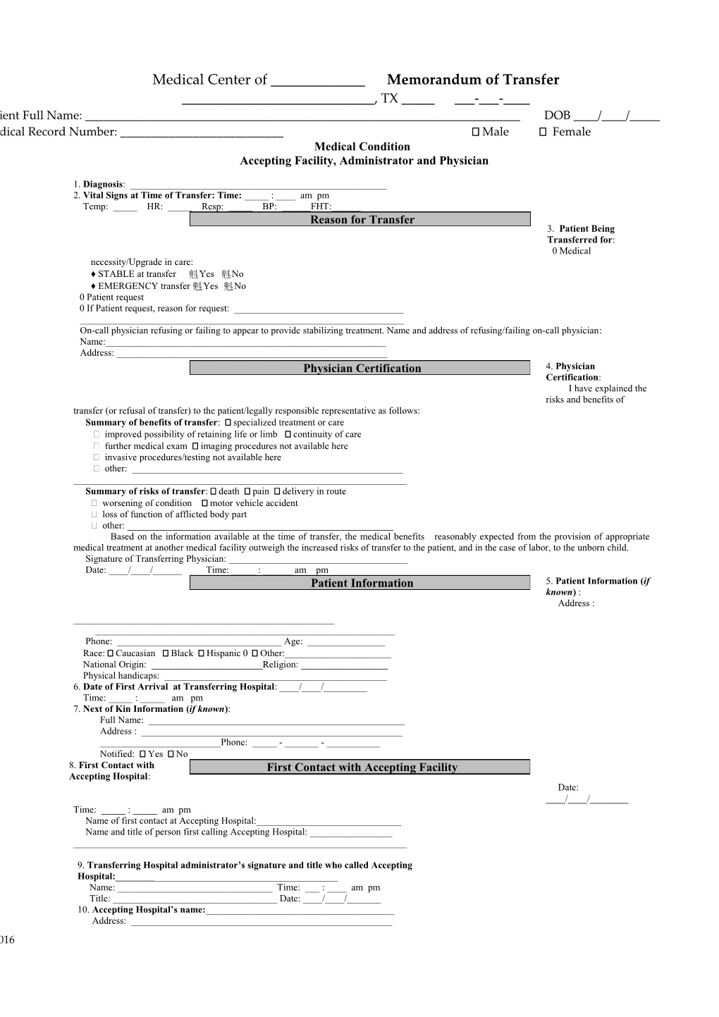 Medical Center of ______ Memorandum of Transfer