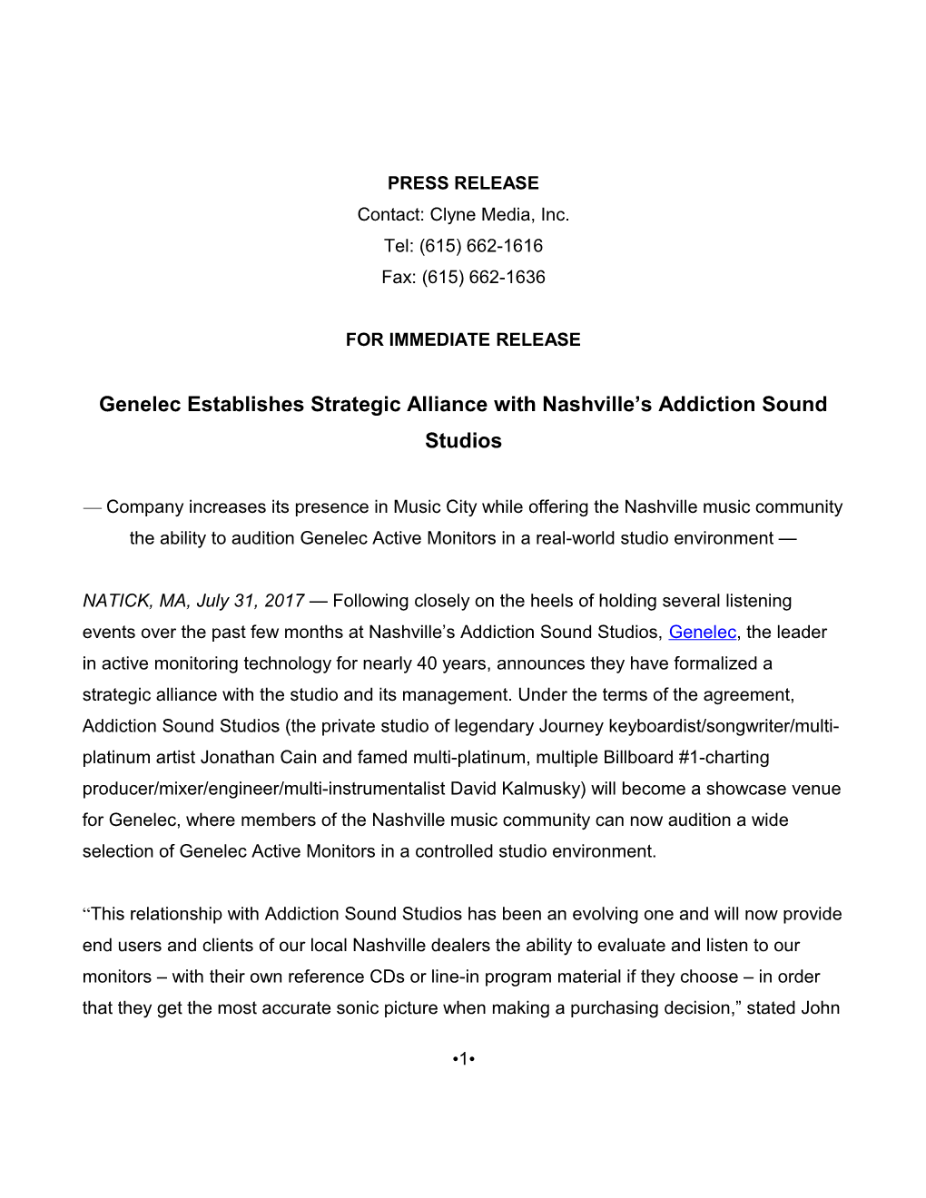 Genelec Establishes Strategic Alliance with Nashville S Addiction Sound Studios