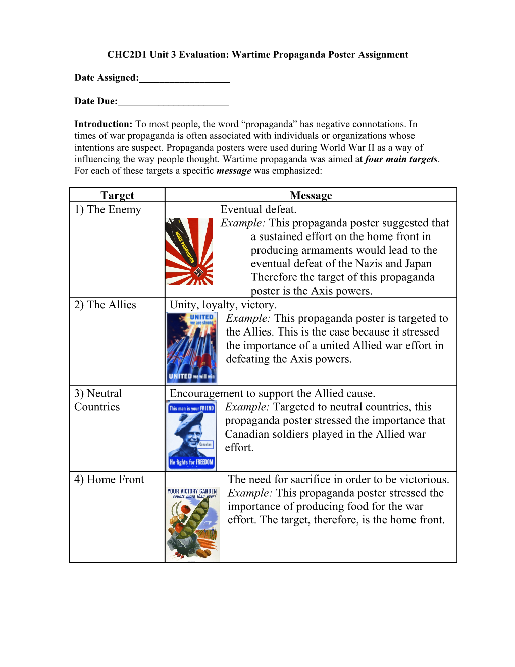 CHC2D1 Unit 3 Evaluation: Wartime Propaganda Poster Assignment