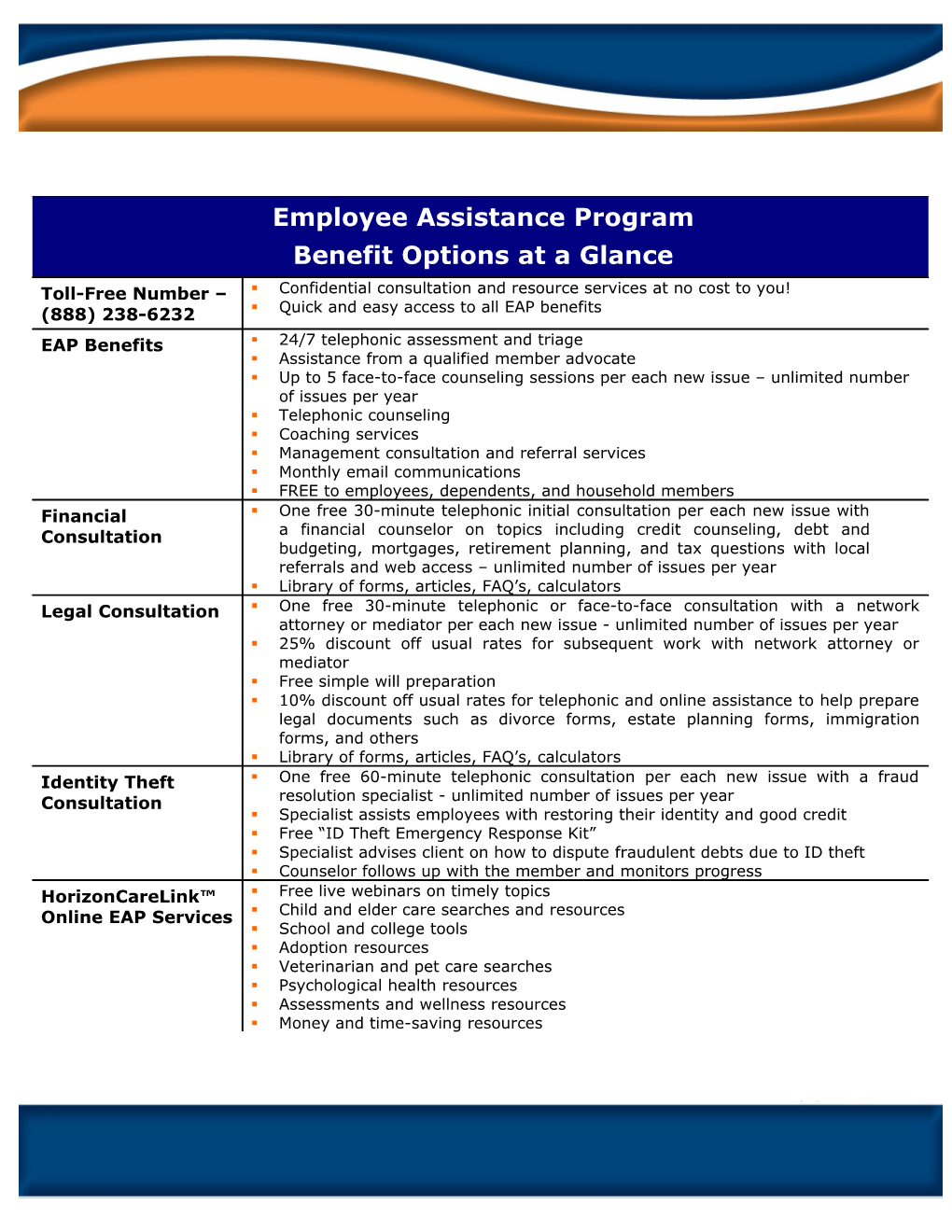 Employee Assistance Program Benefit Options at a Glance